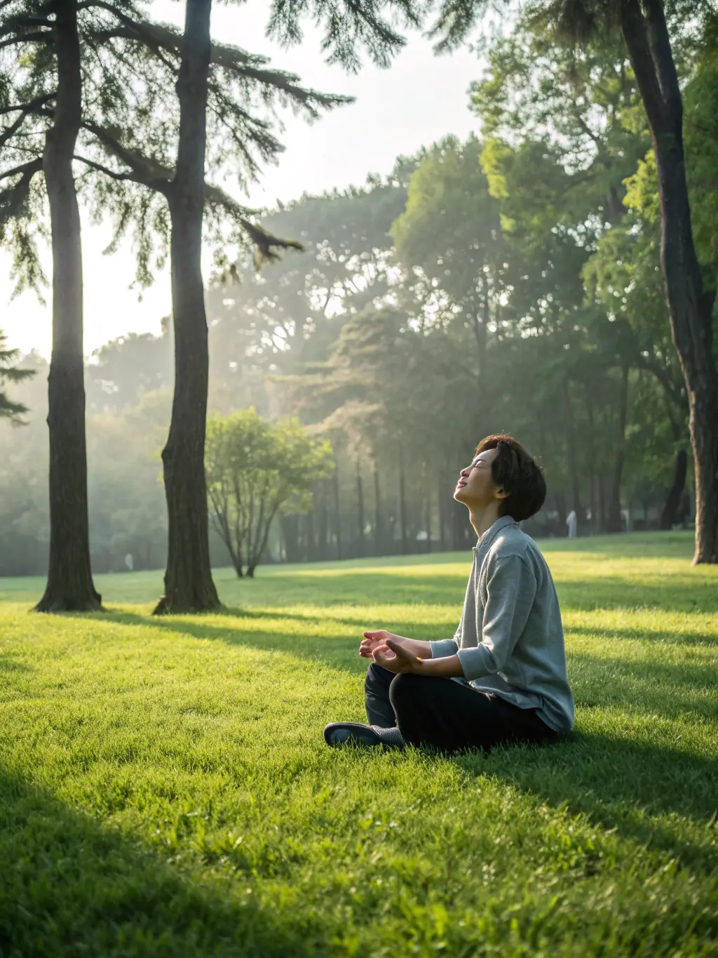 A person meditating peacefully in a serene outdoor setting, representing mindset training.