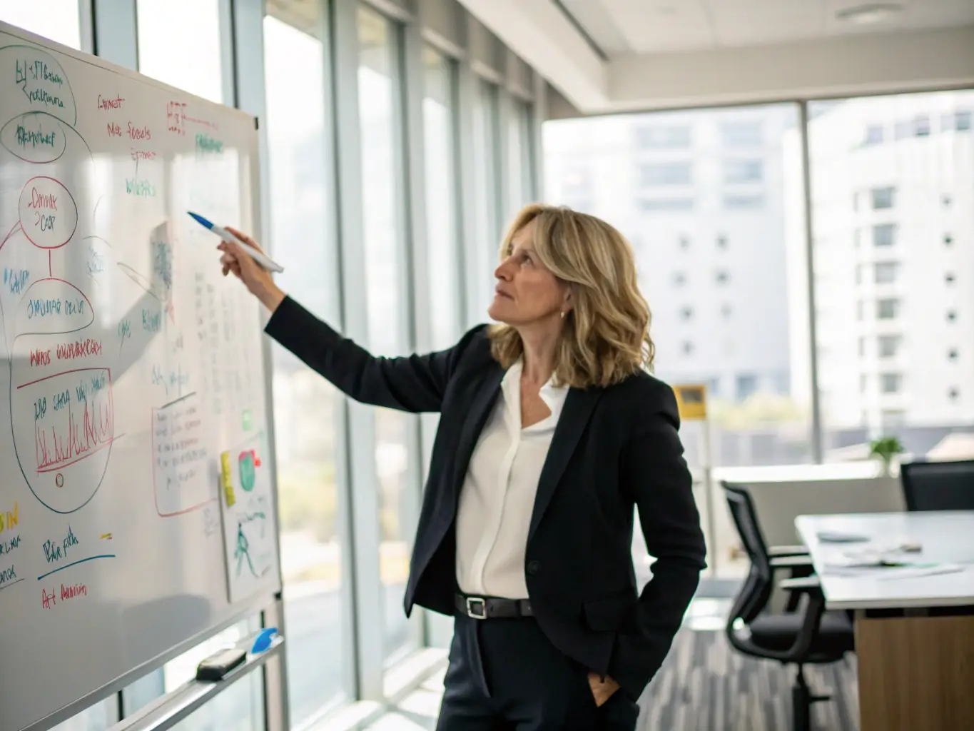 A professional executive coach is guiding a business leader through a strategic planning session in a modern office setting. The coach is pointing at a whiteboard filled with strategic goals and timelines.