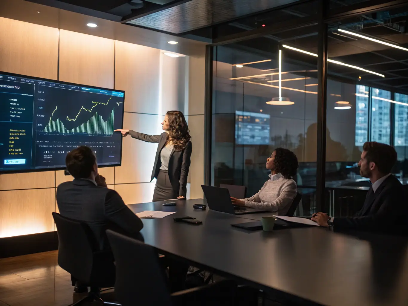 A business executive is confidently presenting a strategic plan to a board of directors in a high-stakes meeting. The executive is using data-driven insights to support their recommendations.