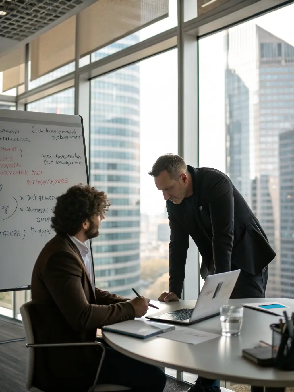 A coach guiding a professional in a modern office, illustrating career growth coaching.
