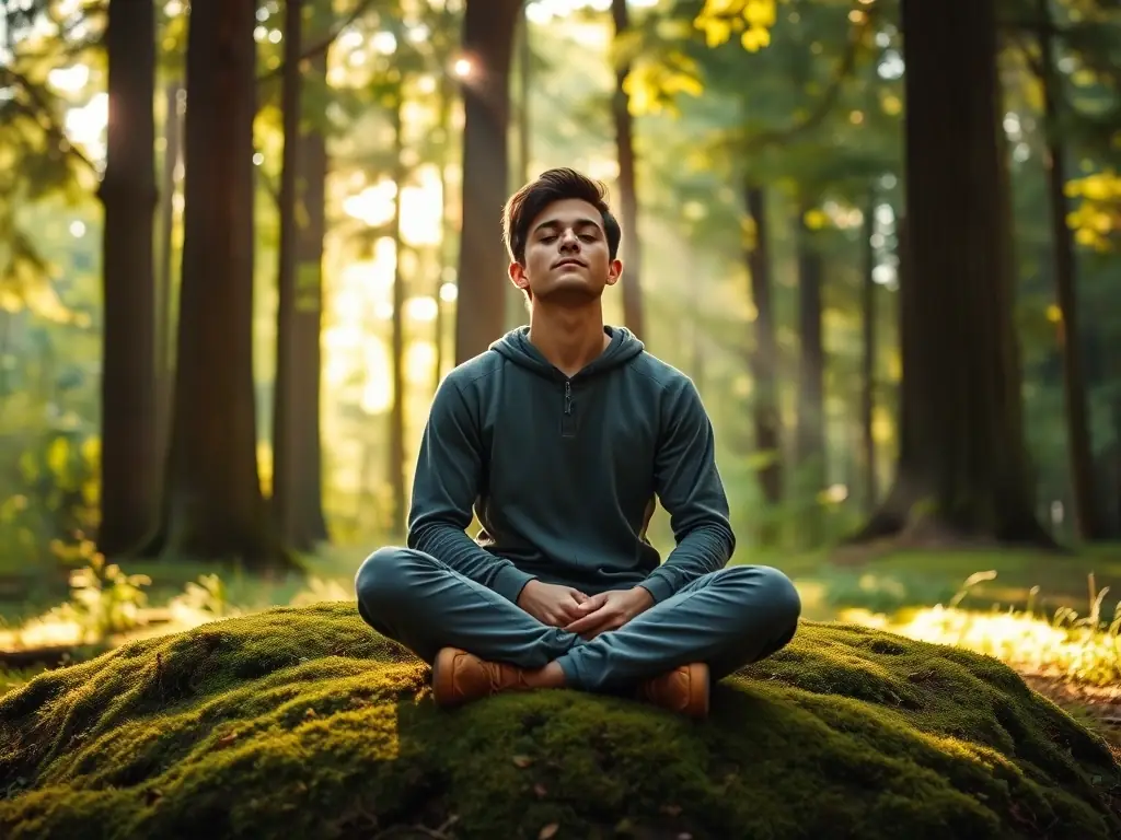 A person meditating in a serene environment, symbolizing inner peace and mental clarity, suitable for mindset training.