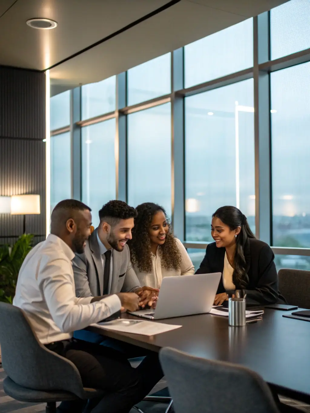 A diverse group of professionals collaborating in a bright, modern workspace, symbolizing enhanced teamwork and communication.