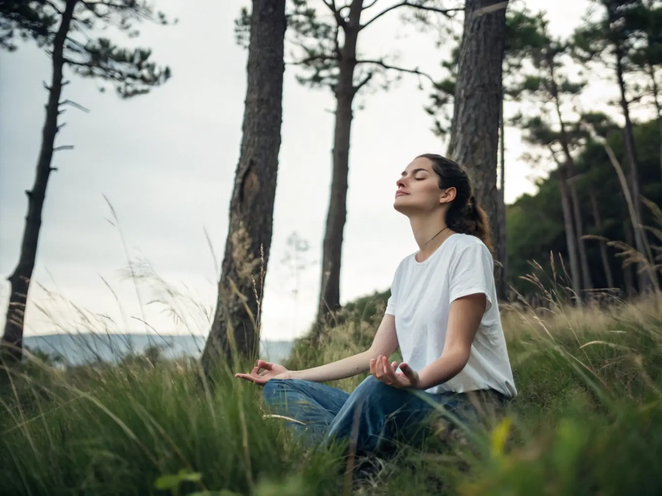 An image of a person meditating outdoors with a calm and focused expression, representing mental clarity and resilience.